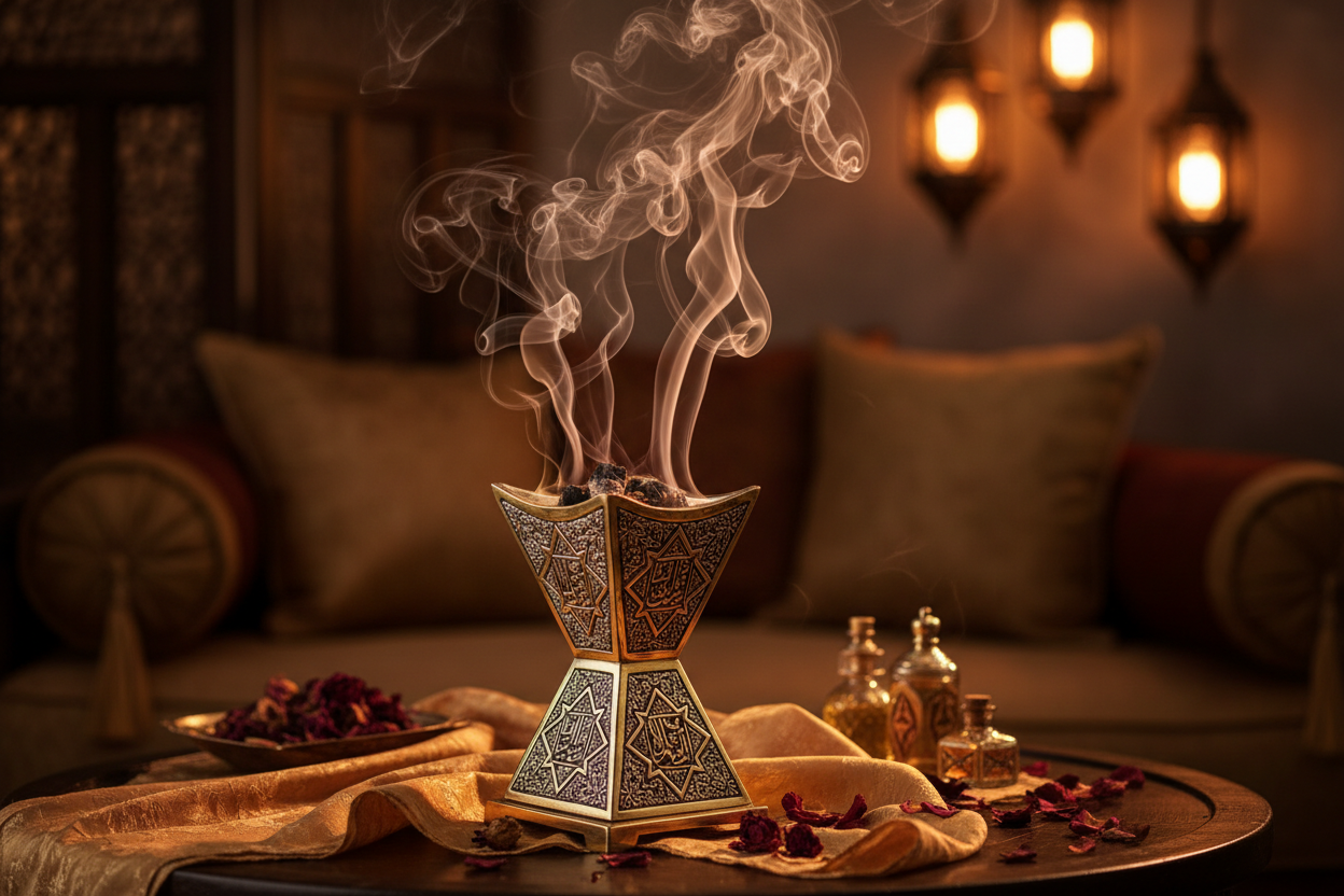 do not show agarbatti - show an incense burner with an arabic theme
