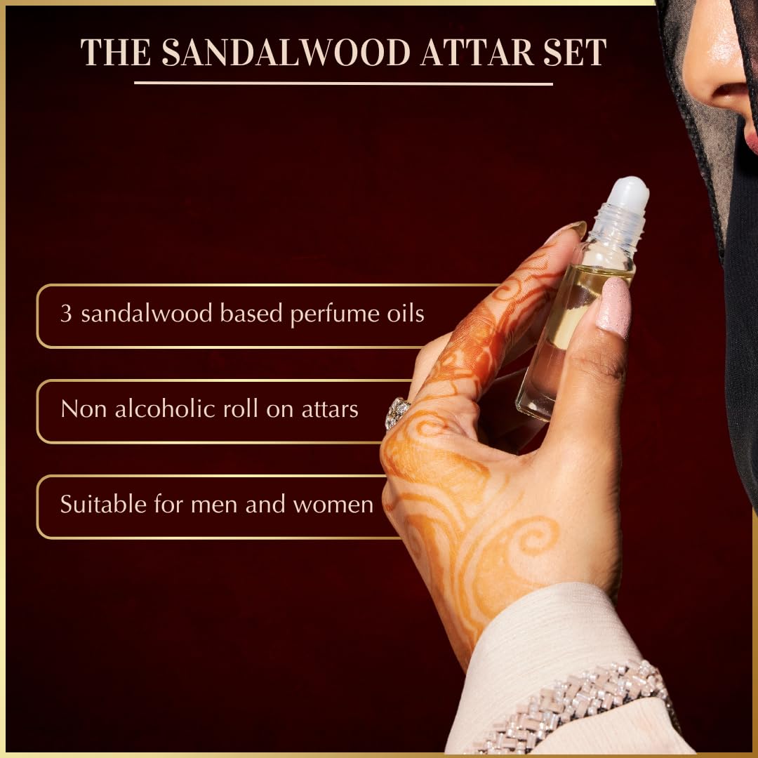 Sandalwood Attar Perfume Oil Set by Dukhni 3x6ml Sandalwood Rose Jasmine