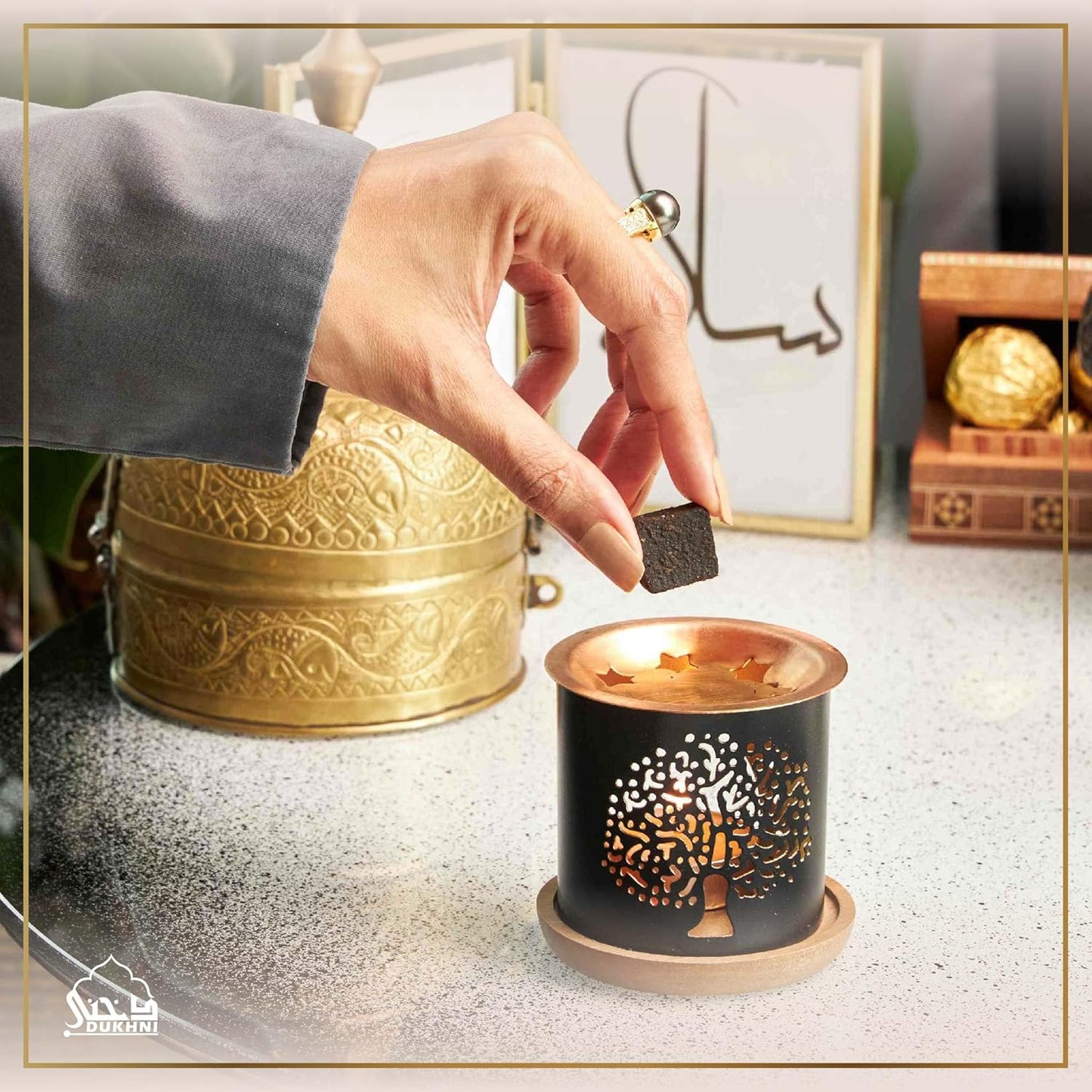 Brass Tree Of Life Bakhoor Burner includes Incense & Candle in Gift Box by Dukhni