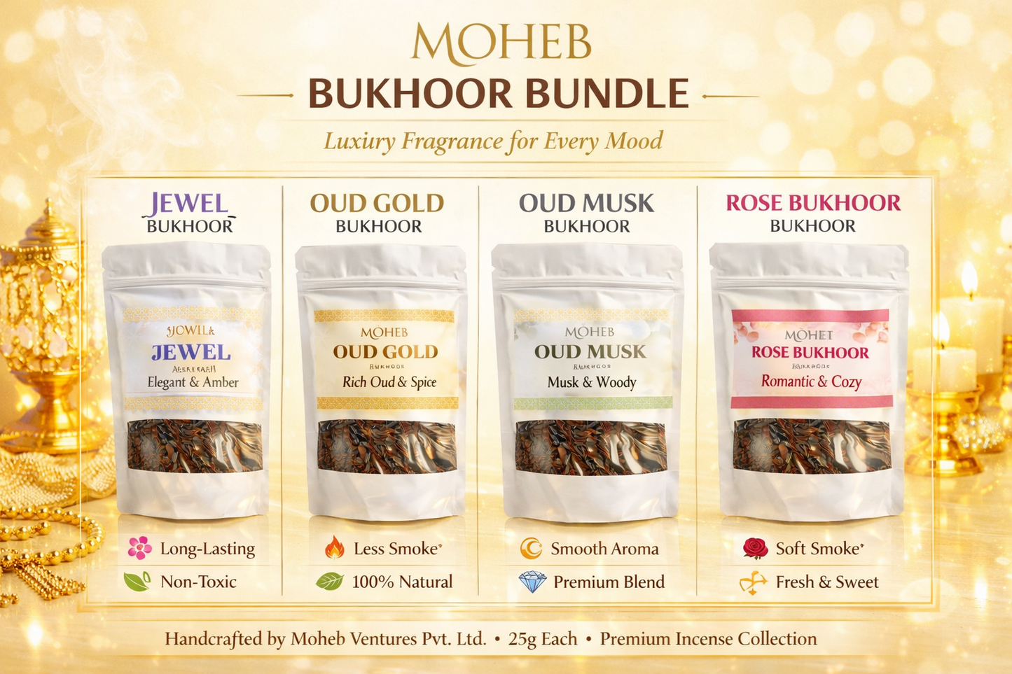 Bakhoor 4 Signature Blends – Jewel, Oud Gold, Oud Musk &amp; Rose Bukhoor