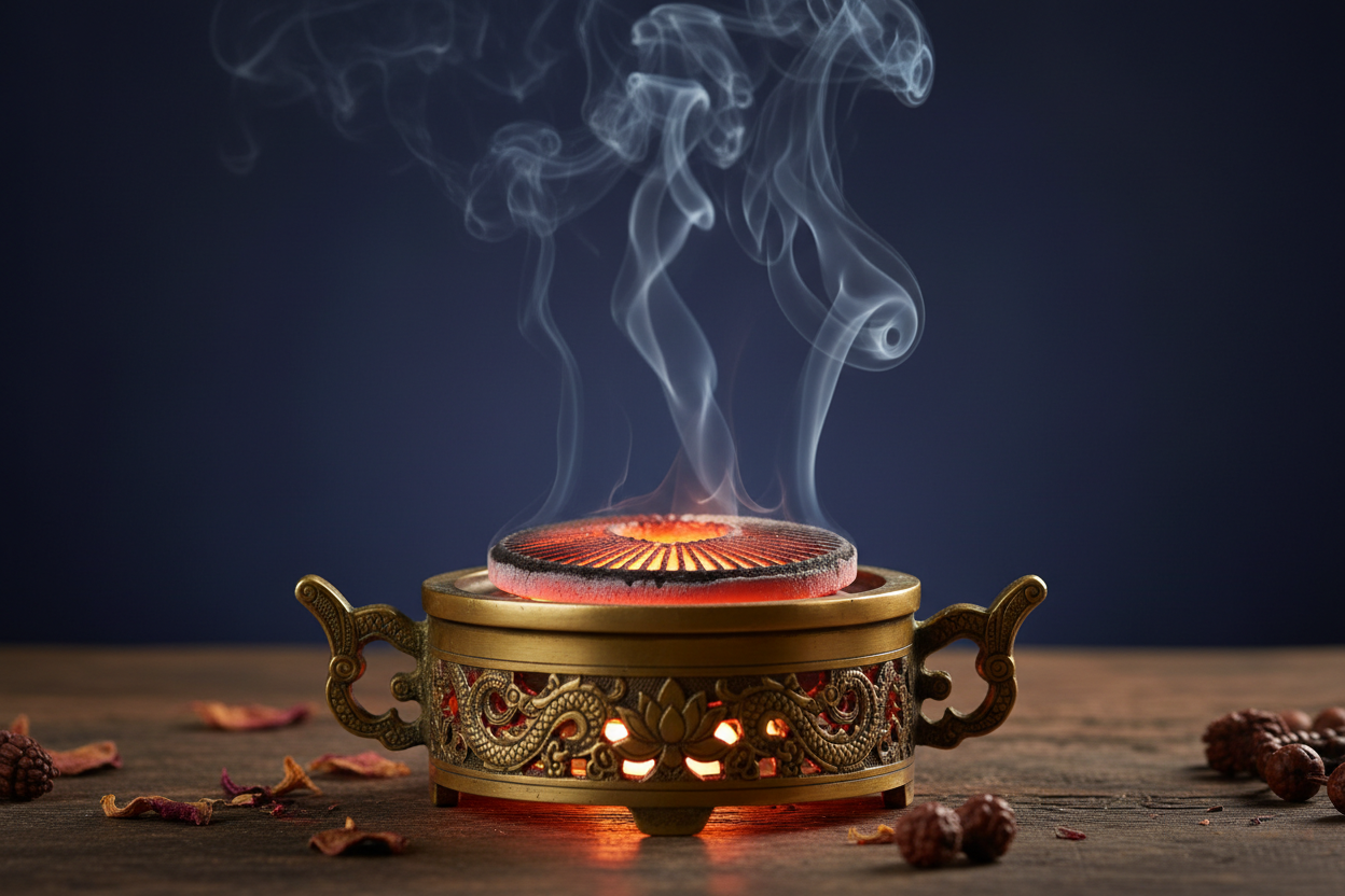 charcoal disc used on an incense burner with plumes of fragrant incense plumes