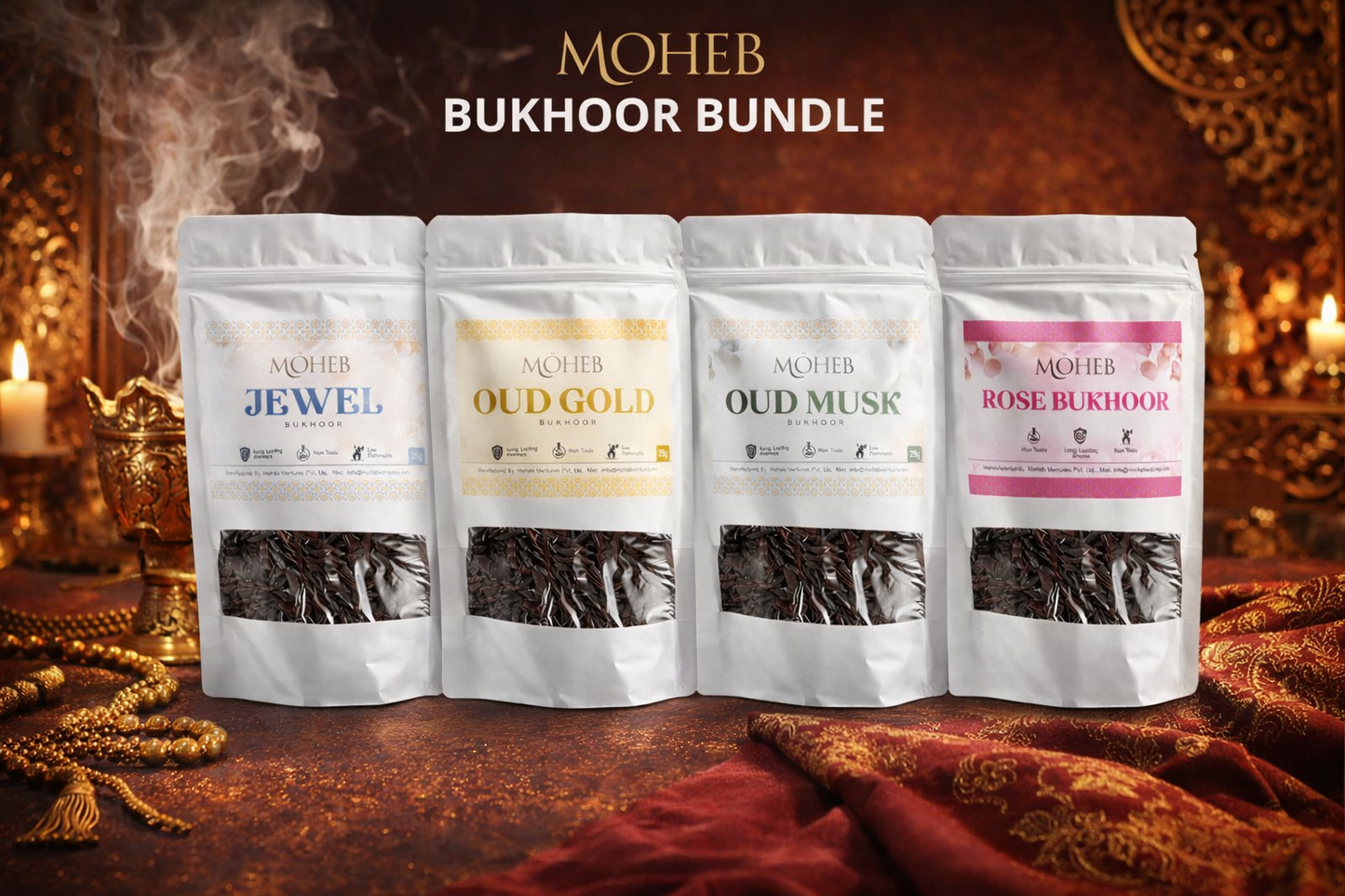 Bakhoor 4 Signature Blends – Jewel, Oud Gold, Oud Musk &amp; Rose Bukhoor
